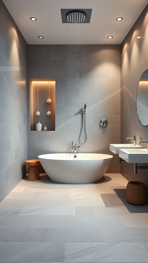 A modern luxury bathroom with a freestanding bathtub, rain shower, and dual sinks.