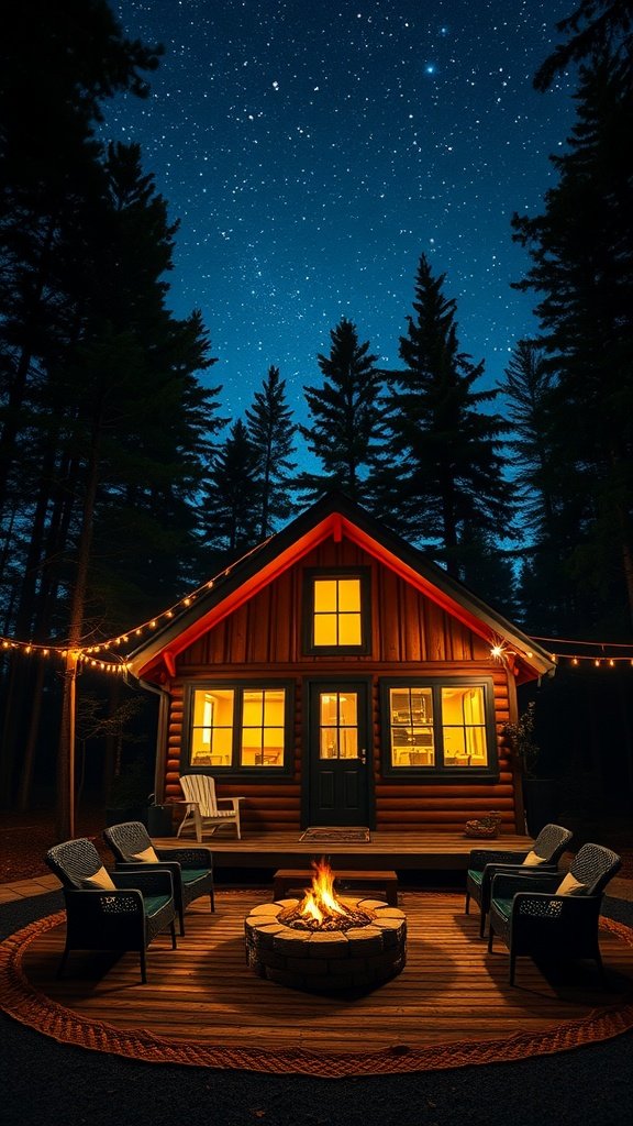 A cozy cabin with a fire pit surrounded by trees under a starry sky.