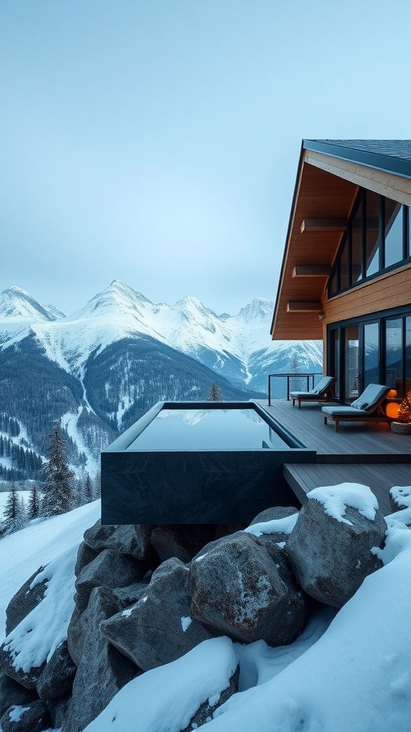 A luxury cabin featuring an infinity pool overlooking snowy mountains.