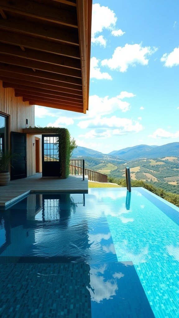 A luxury farmhouse with an infinity pool overlooking rolling hills and a clear blue sky.