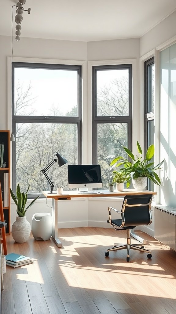 A modern home office featuring large windows, a sleek desk, and indoor plants.
