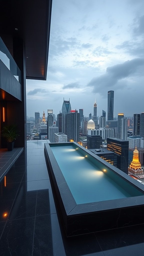 Luxurious penthouse with a sleek infinity pool overlooking the Bangkok skyline at dusk.
