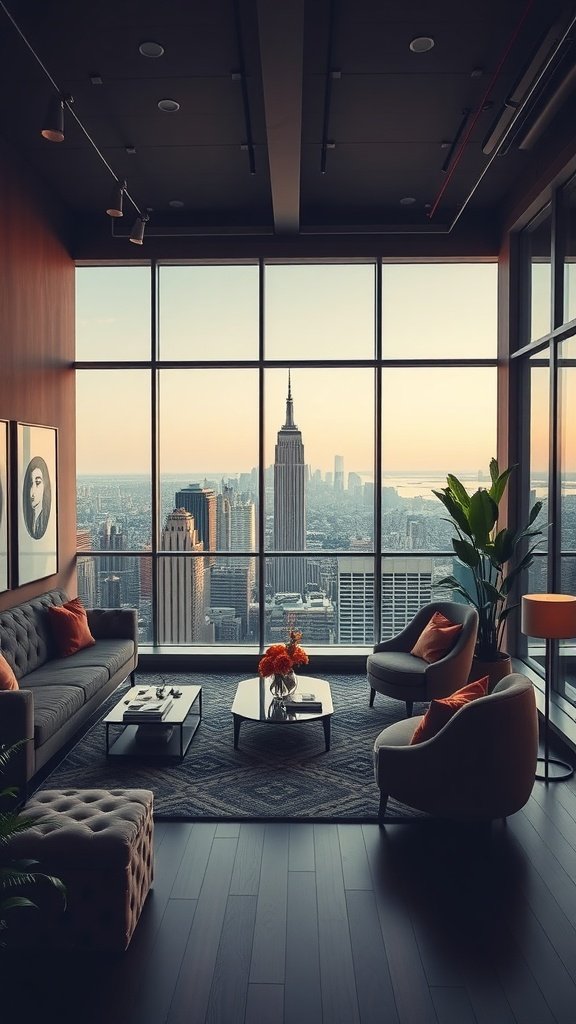 Luxurious loft with large windows showcasing a city skyline view, featuring stylish furniture and art