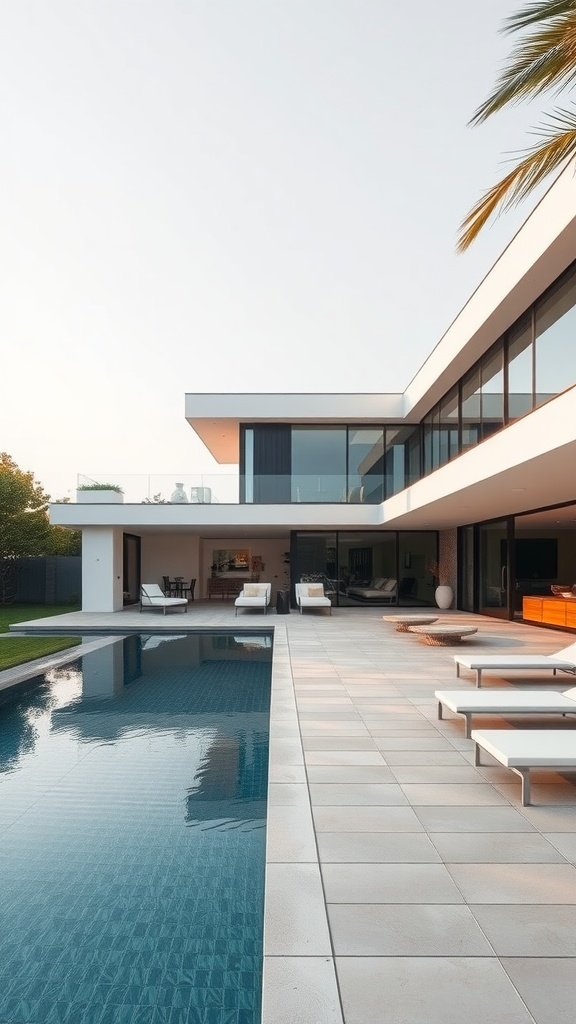A contemporary house exterior featuring a luxury outdoor space with an infinity pool and modern sun loungers.