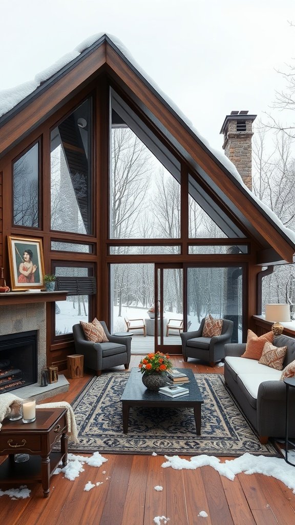 Interior of a luxurious cabin in the Catskills, featuring large windows, cozy seating, and a warm fireplace, surrounded by snow.