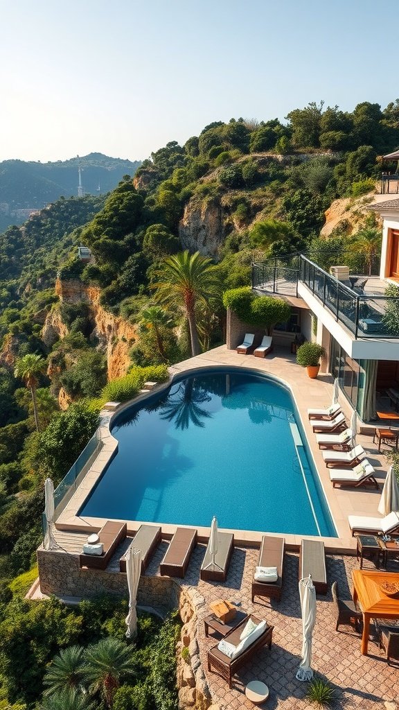 A luxurious hillside retreat featuring a pool and lounge chairs surrounded by greenery.