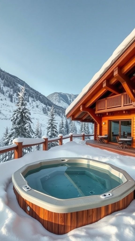 Luxury ski chalet with a hot tub surrounded by snow-covered mountains.