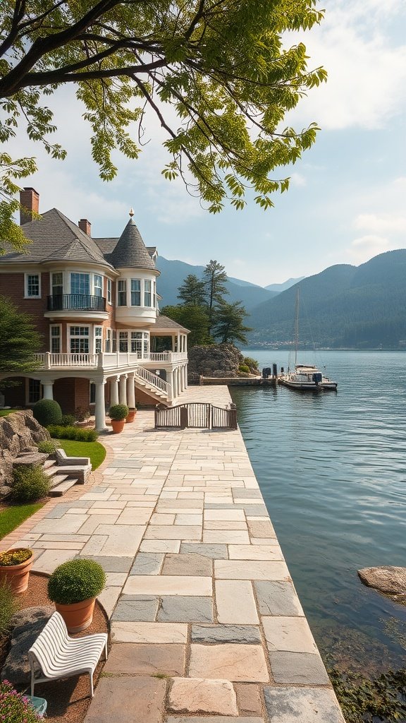 A luxury stone waterfront property with a spacious patio and scenic views of mountains and water.