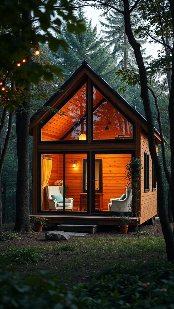 A luxury tiny home surrounded by trees, showcasing large windows and wooden features.