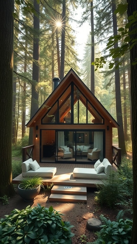 A luxury tiny house surrounded by tall trees in a forest setting