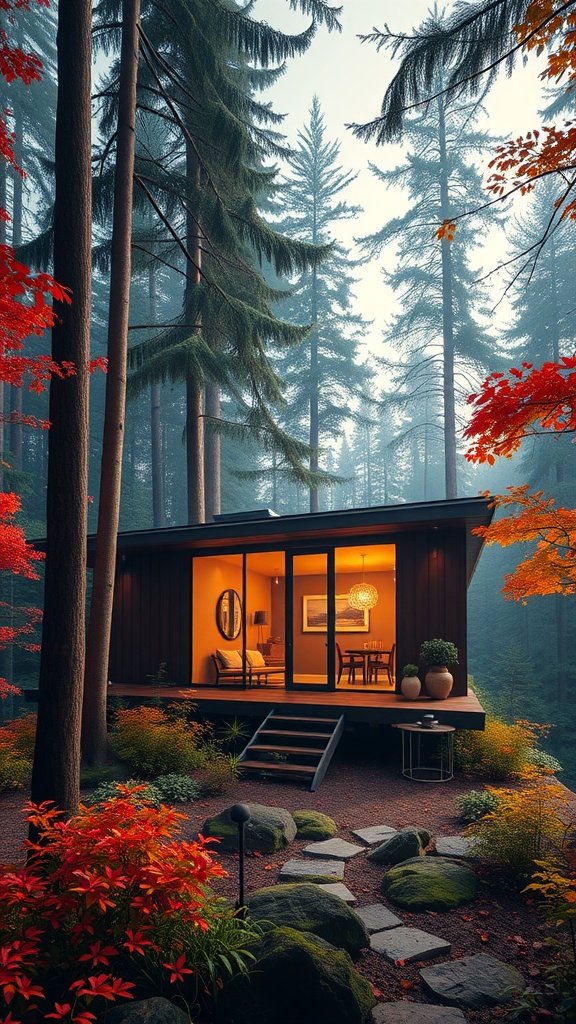 A luxury tiny house surrounded by tall trees and colorful autumn foliage.