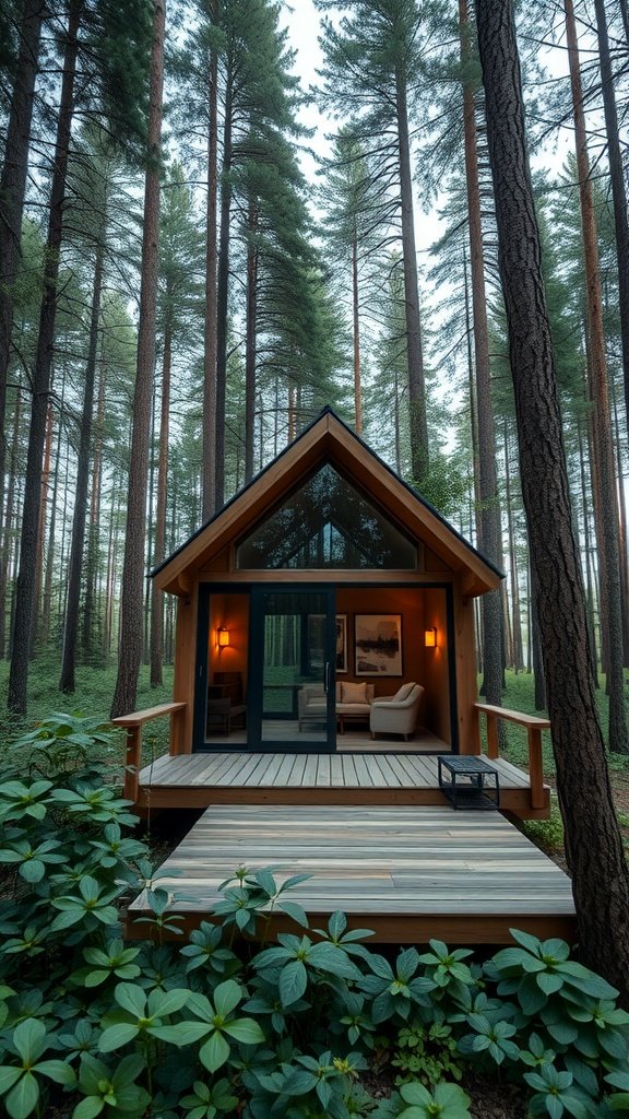 A luxury tiny house in the woods with large windows and a welcoming porch.