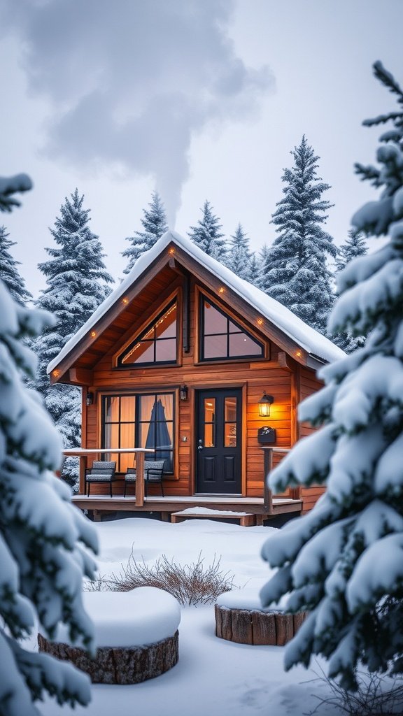 A cozy luxury tiny house surrounded by snow-covered trees.