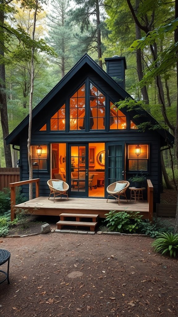 Luxury tiny house surrounded by trees with a wooden deck and large windows