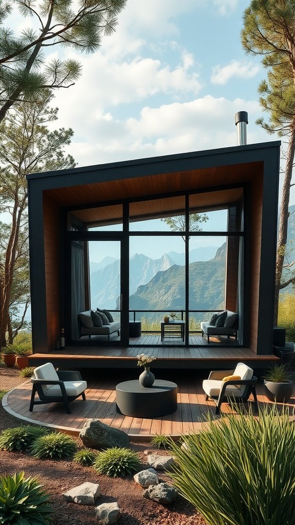 A modern luxury tiny house with large windows and a stylish deck overlooking mountains.