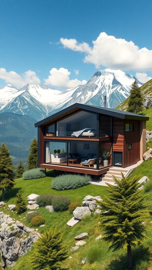 A luxury tiny house with large glass windows overlooking mountains and greenery.