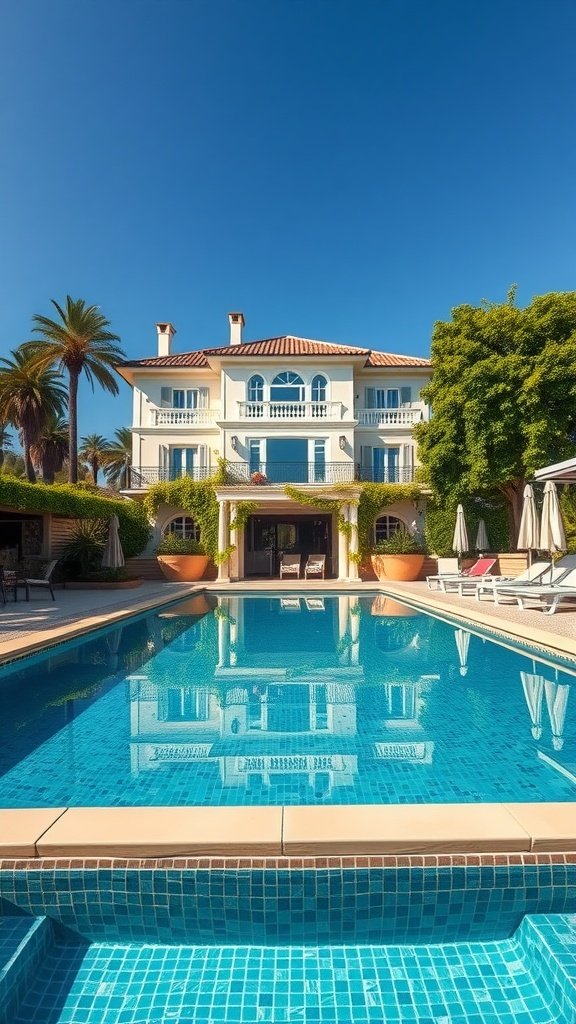 A luxurious villa with a pool surrounded by palm trees and outdoor seating.