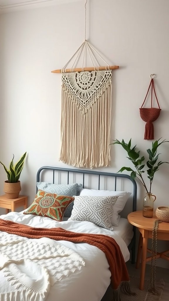 A cozy bohemian bedroom featuring a large macramé wall hanging above a bed with colorful pillows, a textured blanket, and potted plants.