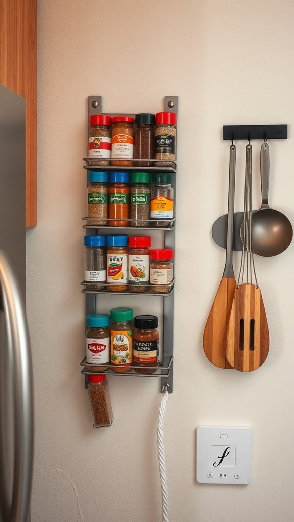 A magnetic spice rack on a wall displaying various spice containers in a tiny house kitchen.