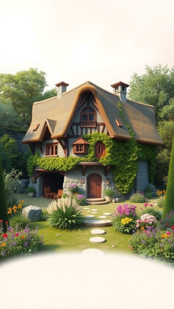 A charming stone cottage with a thatched roof, surrounded by colorful flowers and lush greenery.