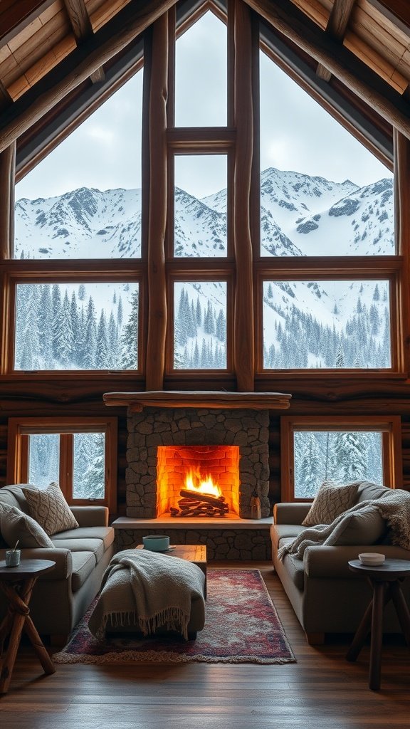 A cozy cabin interior with a fireplace and large windows overlooking snowy mountains.