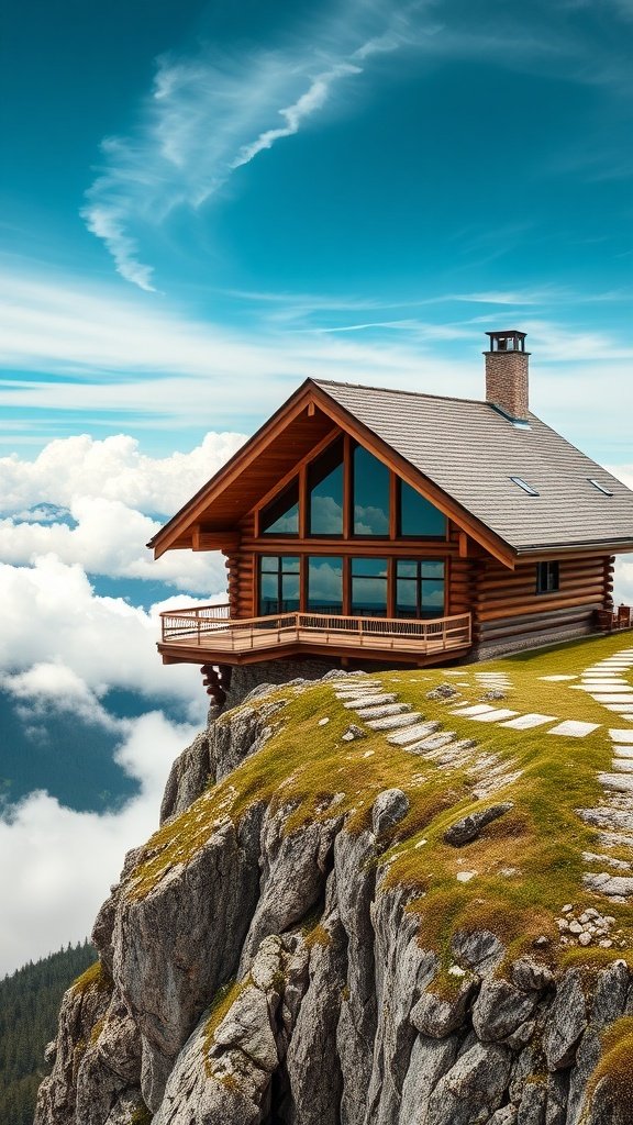 A rustic timber house on a rocky ledge surrounded by clouds and mountains.