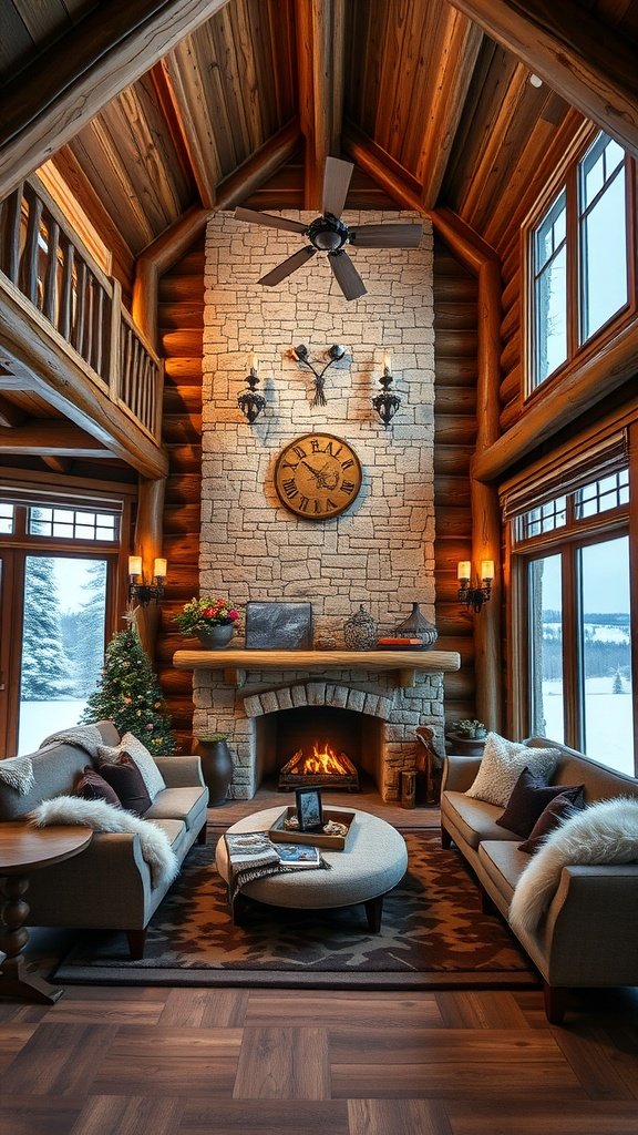 A cozy winter cabin interior with a stone fireplace, wooden beams, and comfortable seating.