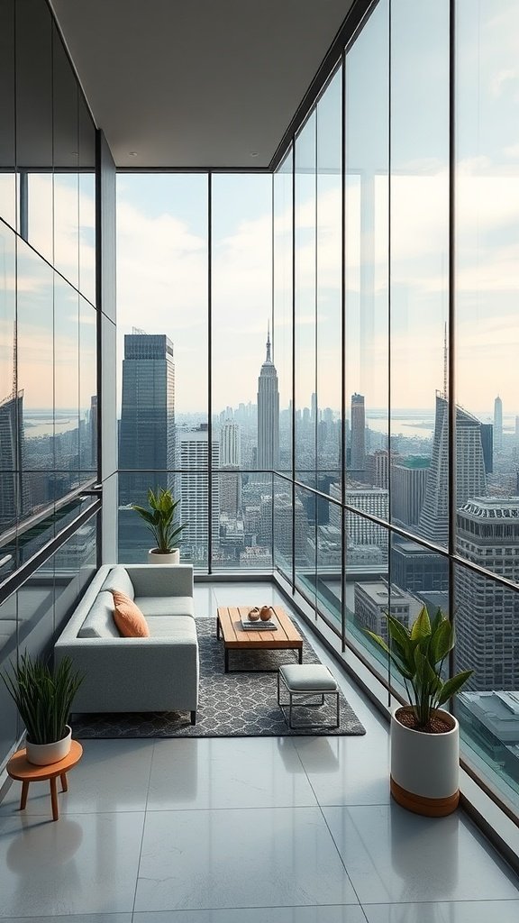 Luxurious penthouse living area with floor-to-ceiling windows showcasing a city skyline view