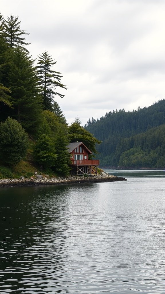 A cozy cabin nestled in the lush greenery of Marlborough Sounds, surrounded by tranquil waters and forested hills.
