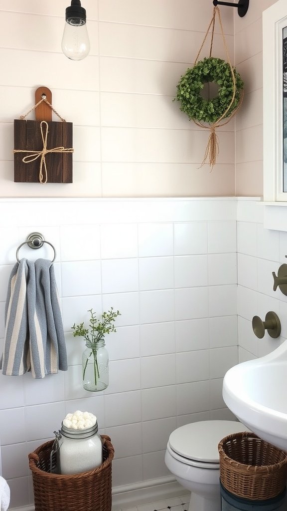 A cozy farmhouse bathroom featuring mason jars with flowers, woven baskets, and rustic decor elements.