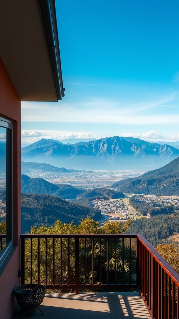 A scenic view from a hillside balcony overlooking mountains and valleys under a clear blue sky.
