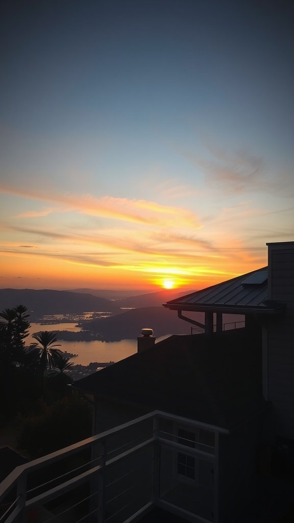 A beautiful sunset over a lake from a hillside house, showing a balcony and surrounding trees.
