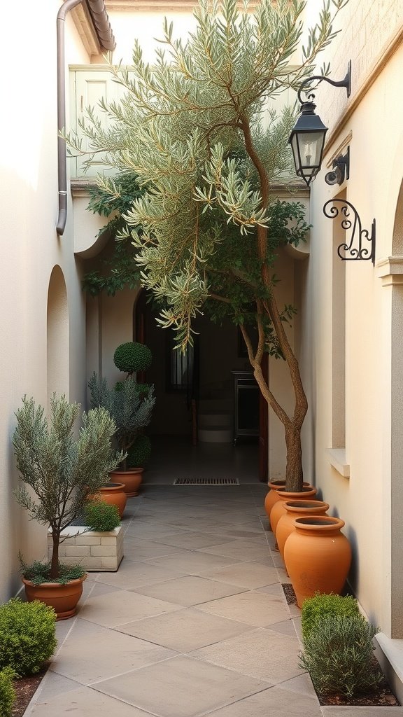 A tranquil Mediterranean courtyard featuring an olive tree and terracotta pots