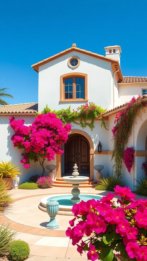A beautiful Mediterranean home with vibrant bougainvillea and a tranquil courtyard fountain.