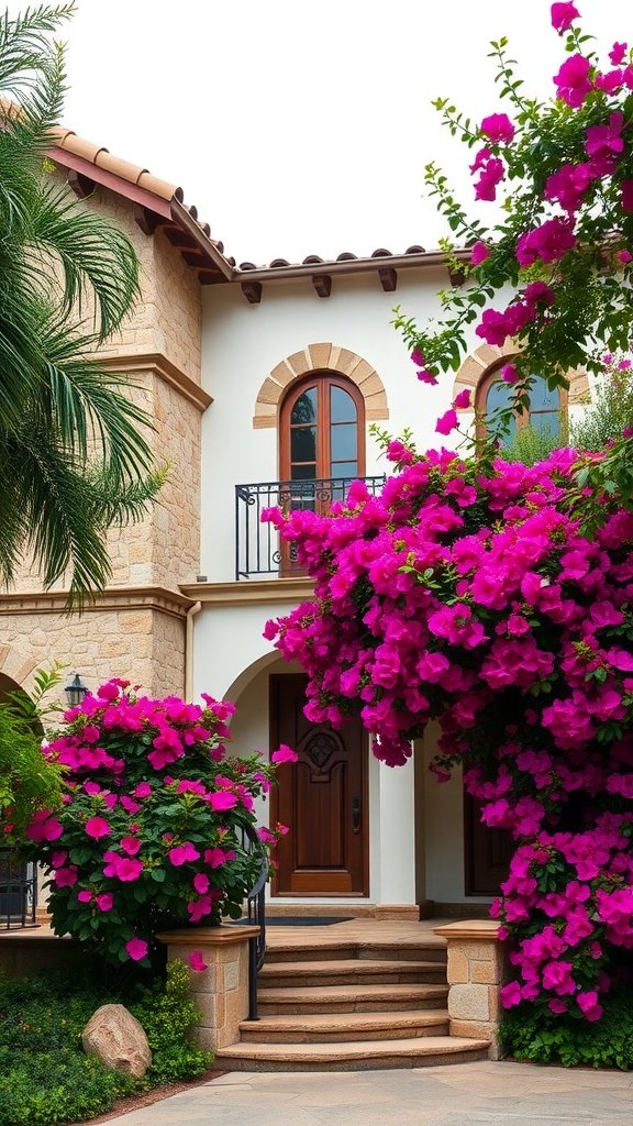 Mediterranean Revival house with stone accents surrounded by vibrant bougainvillea