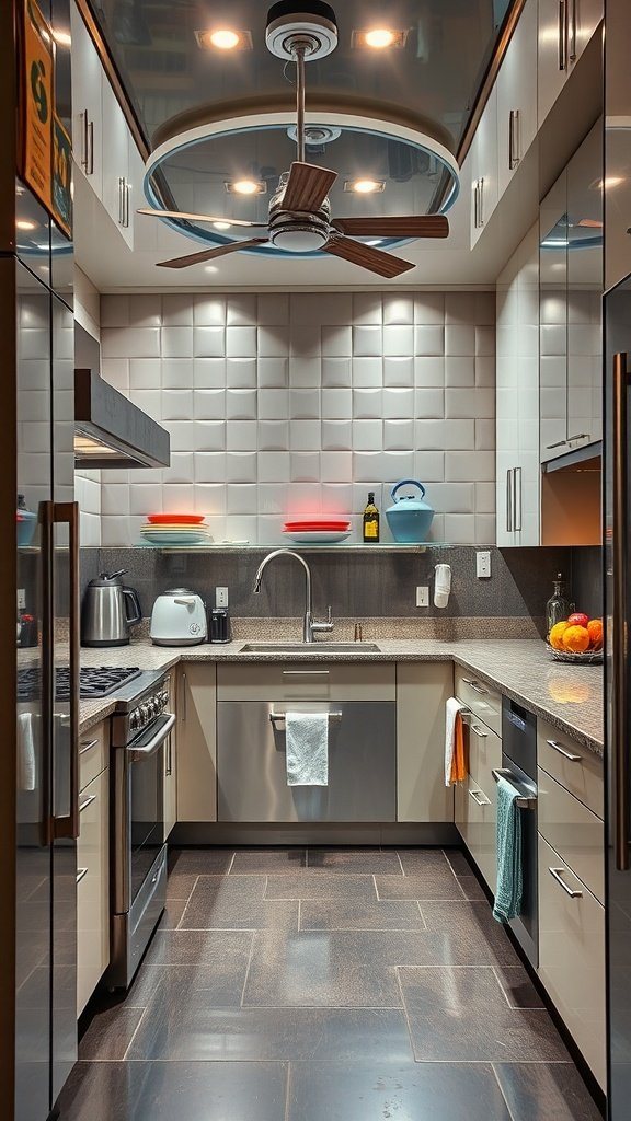 A modern kitchen featuring metallic accents, sleek appliances, and stylish decor.