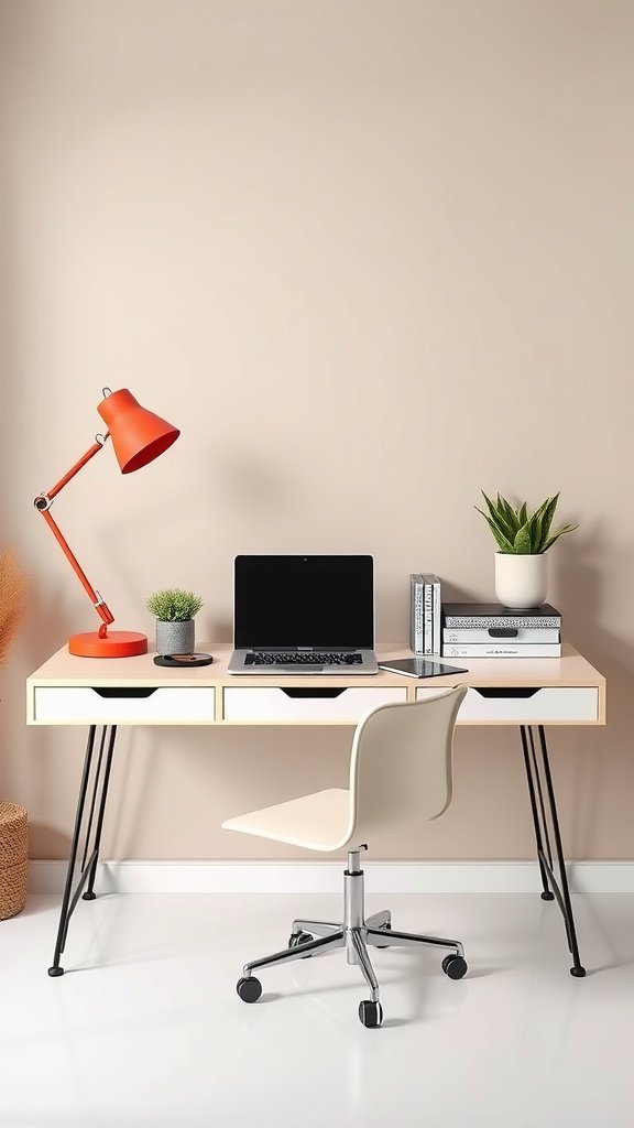 Mid-century modern office desk with an orange lamp, laptop, and plants.