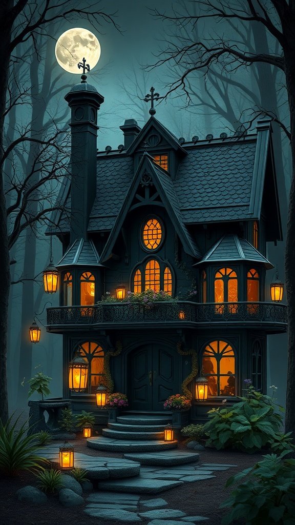 A dark cottage-style house with glowing windows, surrounded by trees and lit by lanterns at night.