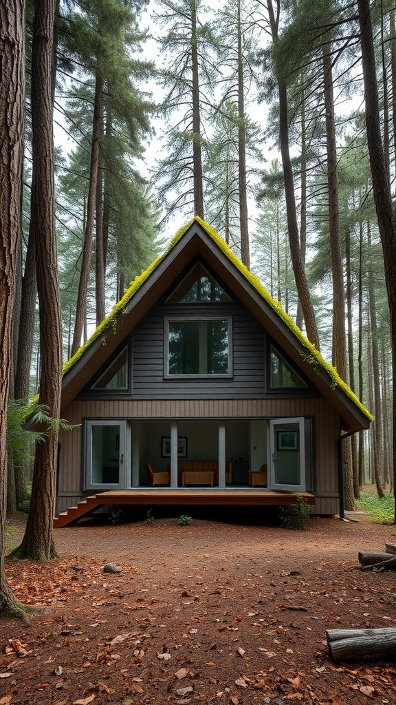 A minimalist A-frame house with a green roof surrounded by tall trees