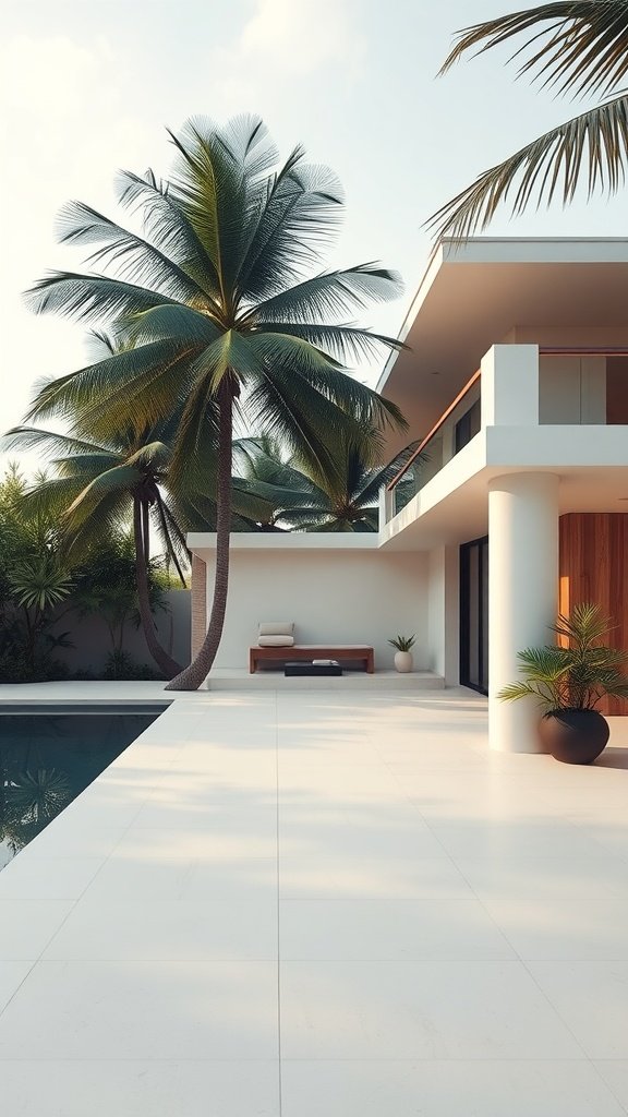 A modern tropical house featuring a minimalist design with palm trees and a pool.