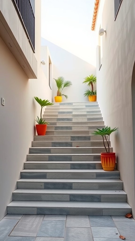 A minimalist concrete staircase with colorful planters, featuring steps in shades of gray and vibrant pots at the sides.