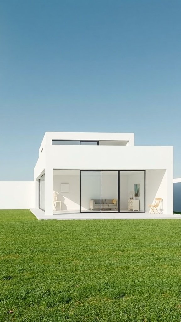 A minimalist white cube house surrounded by green grass under a clear blue sky.