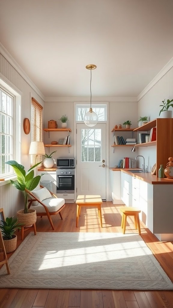A minimalist tiny house interior featuring wooden accents, open shelving, and natural light.