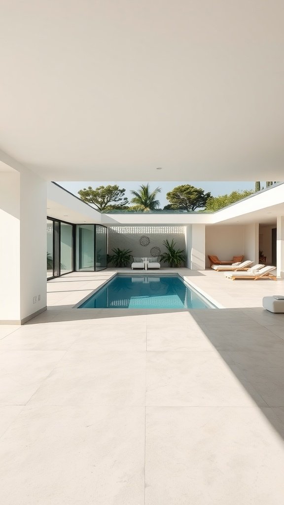 A modern minimalist house featuring a pool, with large glass doors connecting indoor and outdoor spaces.