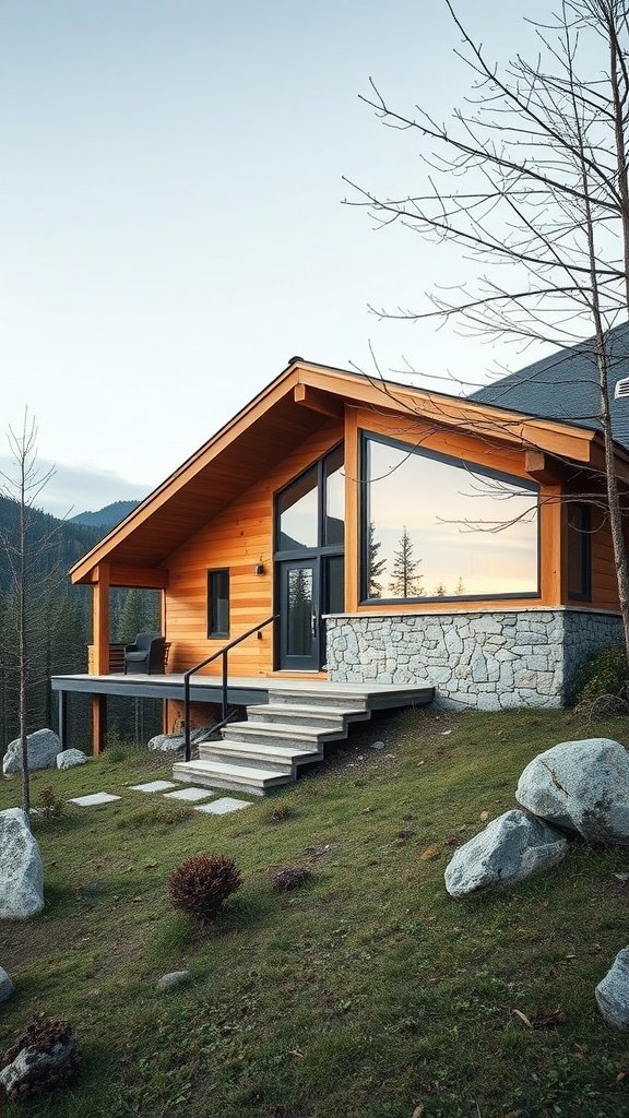 A modern mountain home with a wooden facade and stone base, featuring large windows and a minimalist design.