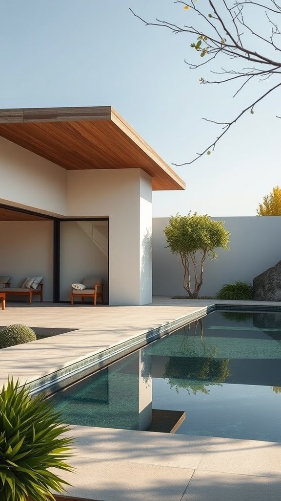 A modern minimalist house with a pool surrounded by greenery and a wooden roof.