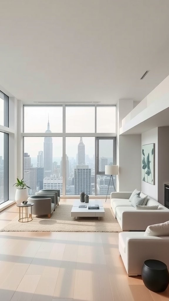 Minimalist living room with large windows showcasing city skyline