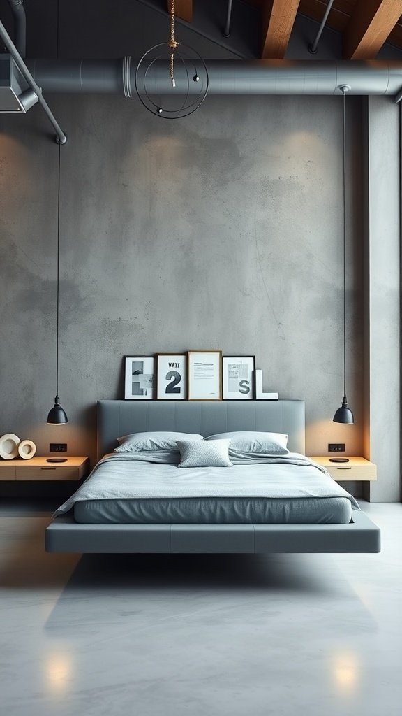 A minimalist floating bed frame in a modern loft, featuring a sleek design and neutral colors, complemented by stylish wall decor and pendant lighting.