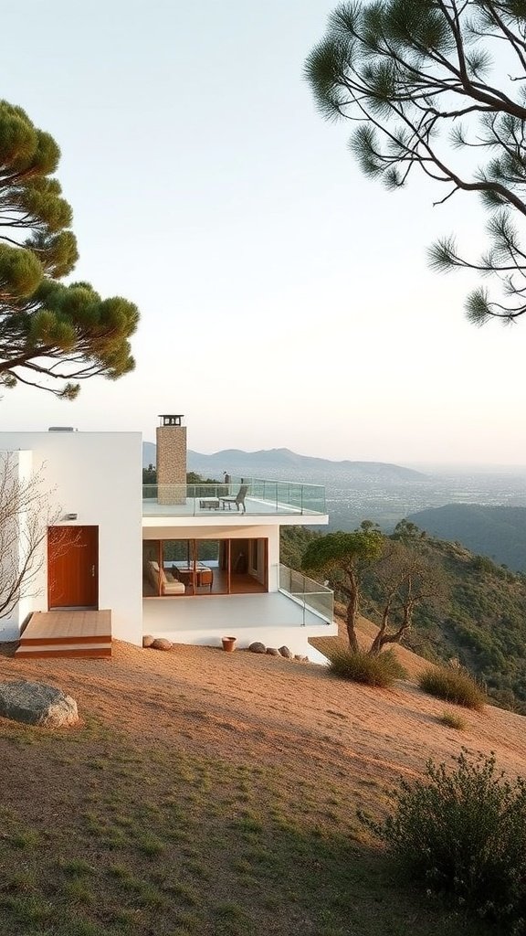 A minimalist hillside home with a wooden deck and large windows, surrounded by nature and offering stunning views.