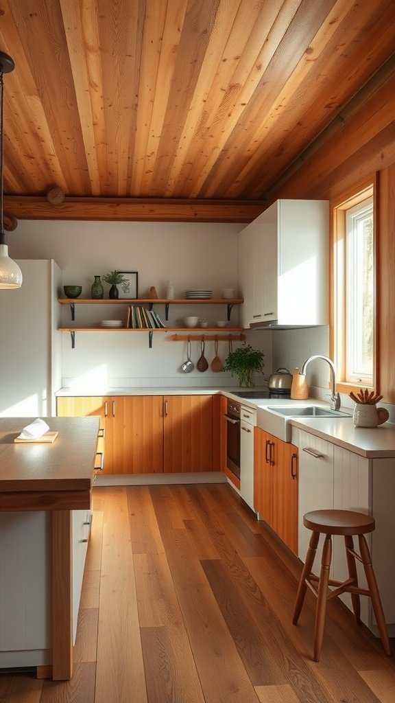 A minimalist kitchen design featuring warm wooden tones, sleek countertops, and open shelving in a mid-century modern cabin